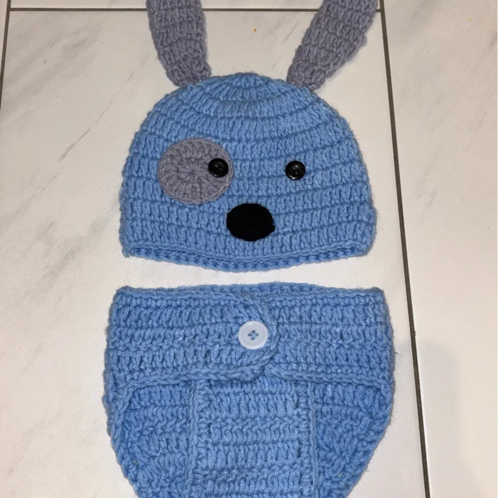 Blue Knitted Kids Hat and Diaper Cover Set
